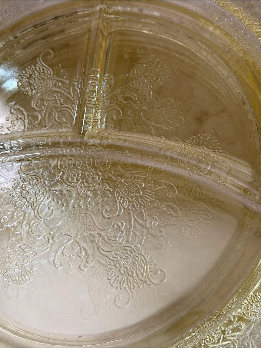 4 Topaz Yellow Depression Glass Divided Grill Plates 10.5” Floral Etched Lunch